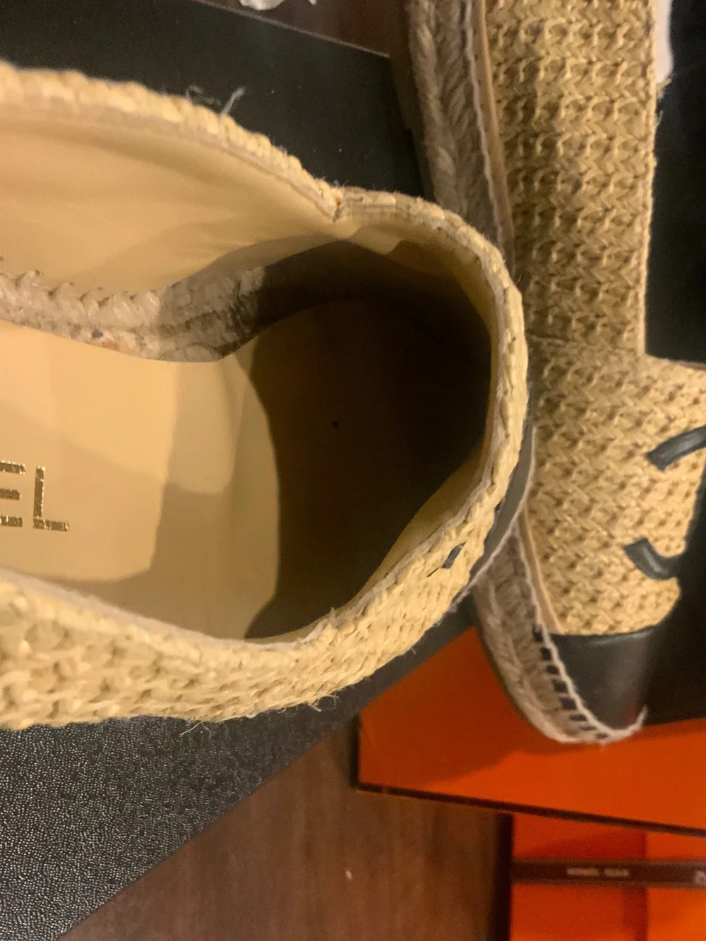 CHANEL Beige and Black Raffia Espadrille Flats with Leather Cap Toe